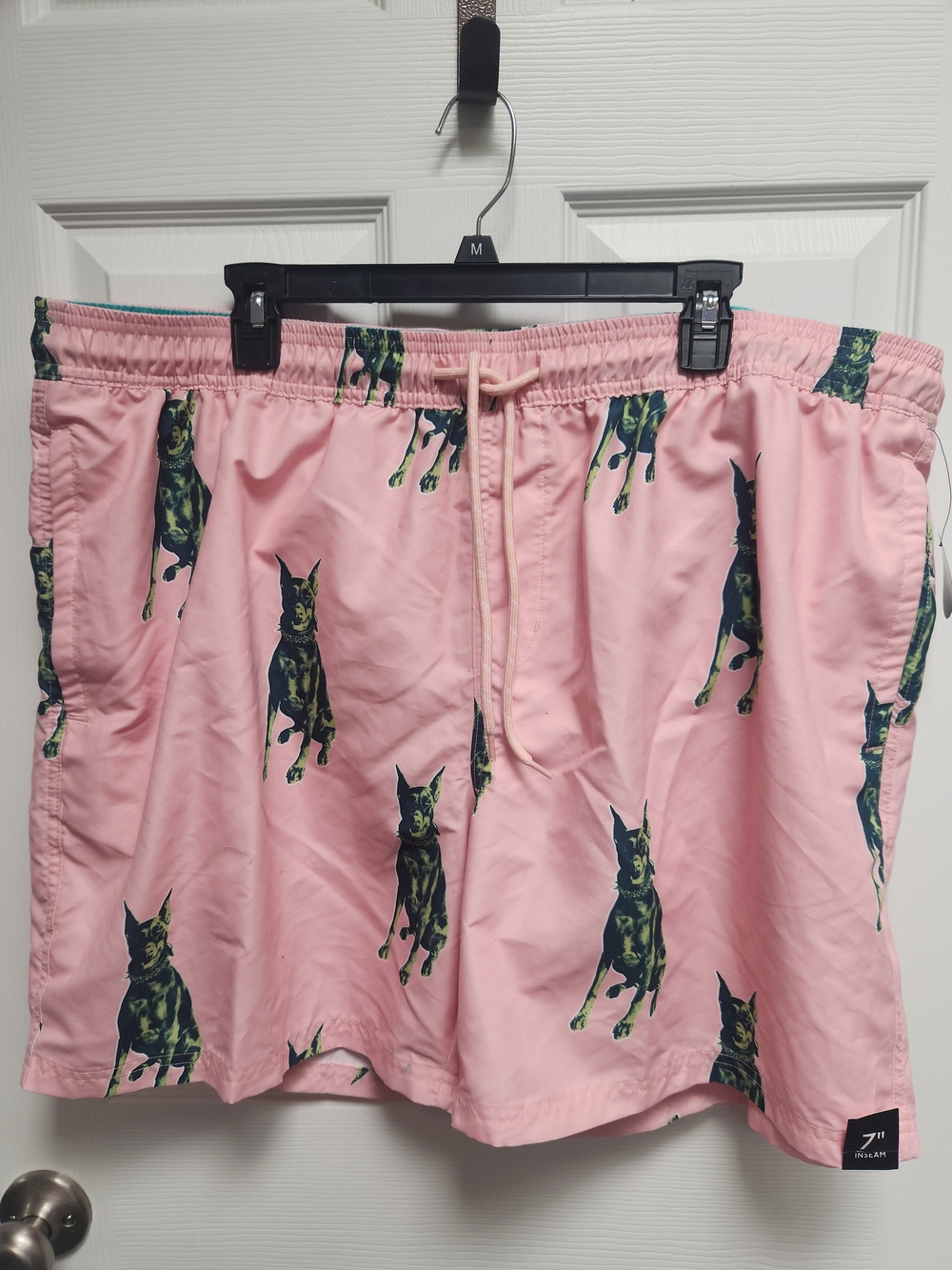 No Boundaries Pink Swim Shorts with Green Dog Print